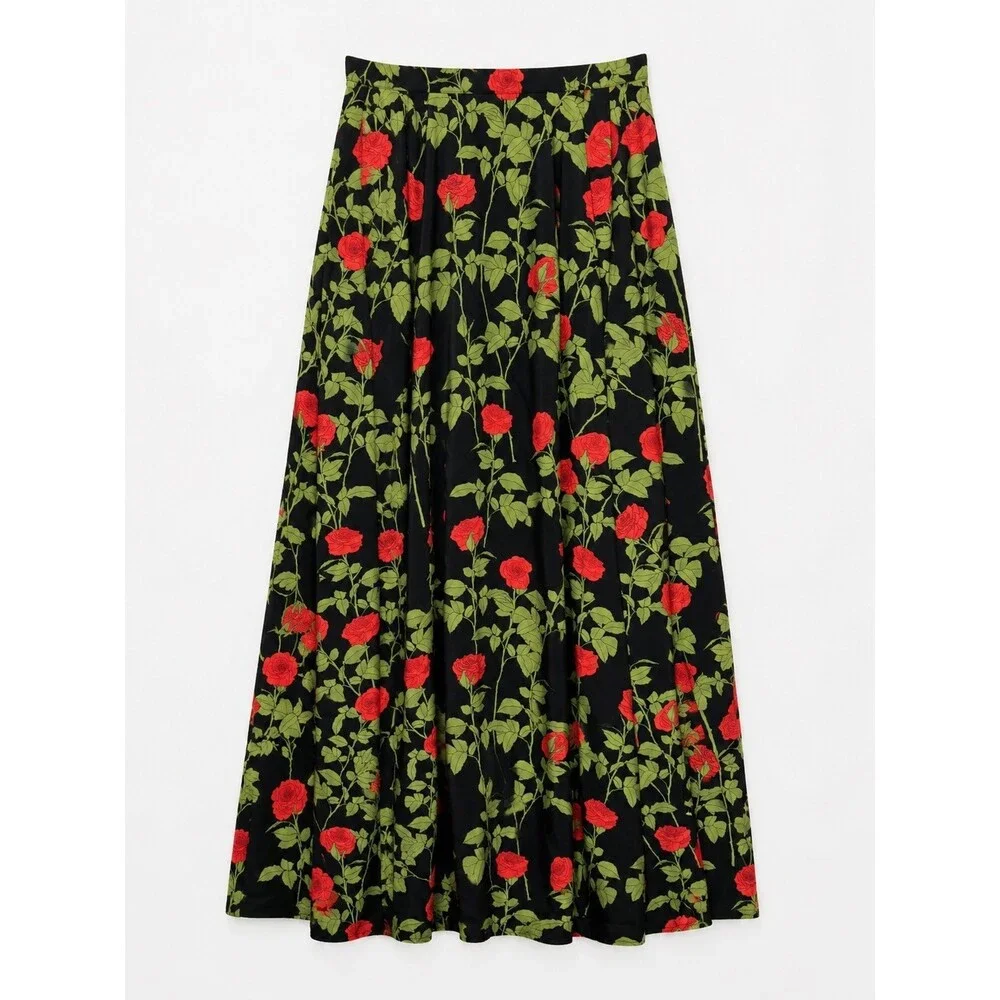 BERNADETTE Antwerp Kennedy Climbing Roses Floral Maxi Skirt Black Red Small 36
